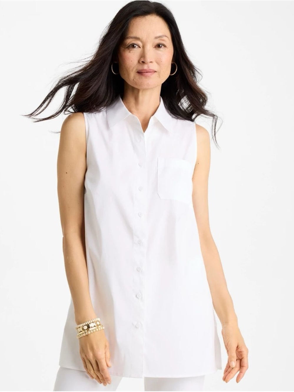 Sleeveless Lightweight 100% Linen Button-Front White Tunic Top